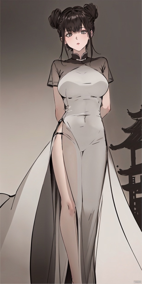  solo,highly detailed,(best quality),((masterpiece)),1girl,black hair,(simple_background),long hair,big_breasts,(monochrome),((from below)),(arms behind back),yu,hair bun,double bun,bangs,chinese clothes,dress,((see-through)),white clothes,