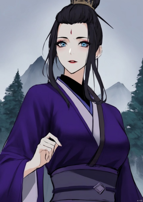  solo,highly detailed,(best quality),((masterpiece)),1girl,black hair,blue eyes,long hair,peiyuhan,hanfu,see-through,ggbh,looking_at_viewer,evil,from below,mountain,forest,upper body, zhangshiyao,bangs pinned back,hair bun,purple clothes,xiaoxiyue