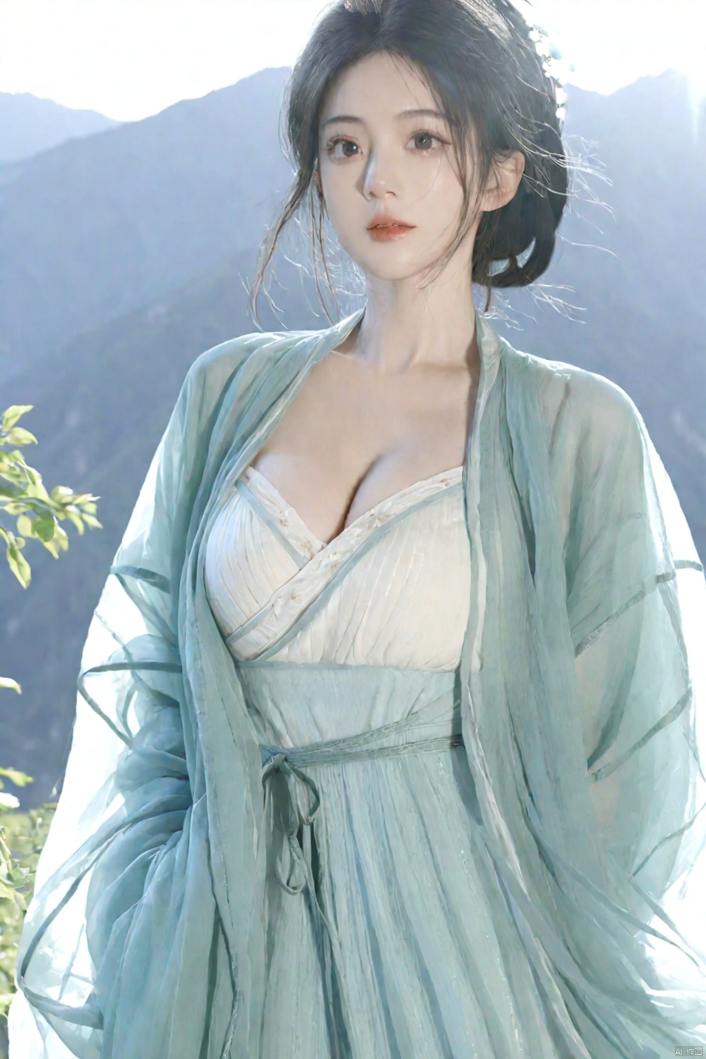  solo,highly detailed,(best quality),((masterpiece)),1girl,black hair,short hair,hanfu,see-through,looking_at_viewer,from below,upper body,mountain,huge_breasts,arms behind back,cleavage,