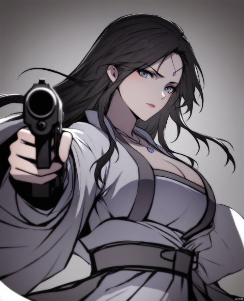  solo,highly detailed,(best quality),((masterpiece)),1girl,black hair,simple_background,long hair,peiyuhan,cleavage,white cloth,hanfu,necklace,see-through,looking_at_viewer,black_background,no neck, pointing pistol,gun,muzzle,Dual guns,