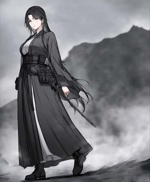  solo,highly detailed,(best quality),((masterpiece)),1girl,black hair,long hair,peiyuhan,hanfu,ggbh,looking_at_viewer,trench coat,military uniform,paradis military uniform,army,black clothes,mask,combat boots,world war i,arms behind back,armor,shockwave,camouflage,plate carrier,ballistic shield,bayonet,