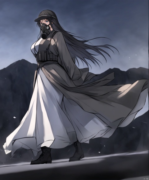  solo,highly detailed,(best quality),((masterpiece)),1girl,black hair,long hair,peiyuhan,hanfu,ggbh,looking_at_viewer,trench coat,military uniform,paradis military uniform,army,black clothes,mask,((gas mask)),combat boots,world war i,arms behind back,visor (armor),shockwave,camouflage,plate carrier,ballistic shield,