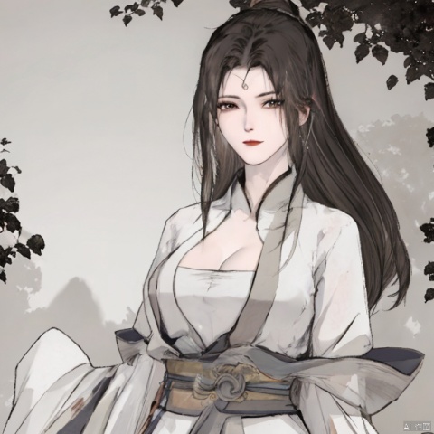  solo,highly detailed,(best quality),((masterpiece)),1girl,black hair,simple_background,long hair,big_breasts,peiyuhan,cleavage,white cloth,hanfu,(evil smile),upper_body,taunting,scornful,haughty,(from below),(arms behind back),hanfu,evil laugh,((see through)),nsfw,shenxiang,