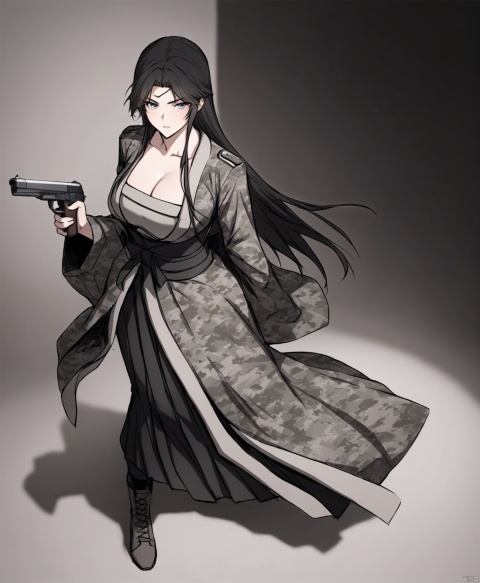  solo,highly detailed,(best quality),((masterpiece)),1girl,black hair,long hair,peiyuhan,hanfu,ggbh,looking_at_viewer,trench coat,military uniform,paradis military uniform,army,black clothes,mask,combat boots,world war i,arms behind back,armor,shockwave,camouflage,plate carrier,bayonet,plate carrier,digital camouflage,pointing pistol,gun,handgun,