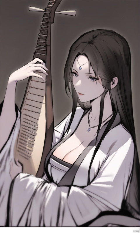  solo,highly detailed,(best quality),((masterpiece)),1girl,black hair,simple_background,long hair,peiyuhan,cleavage,white clothes,hanfu,necklace,see-through,looking_at_viewer,black_background,portrait,Pipa,play the pipa,Play instruments,upper_body,music,
