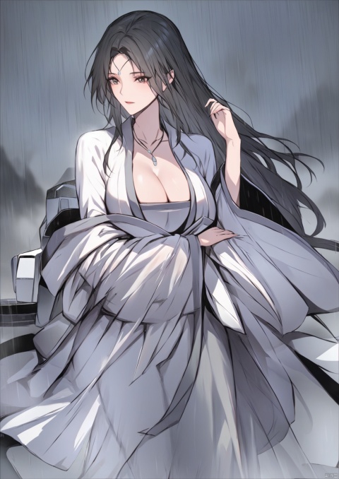  solo,highly detailed,(best quality),((masterpiece)),1girl,black hair,simple_background,long hair,peiyuhan,cleavage,white cloth,hanfu,necklace,see-through,rain,snow, bailing_robot,robot,robotics, background,