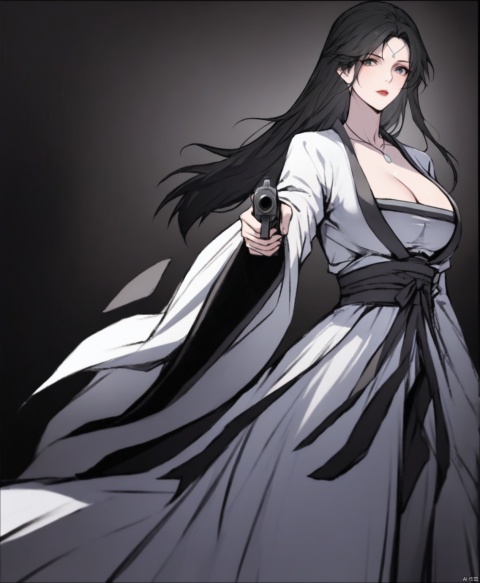  solo,highly detailed,(best quality),((masterpiece)),1girl,black hair,simple_background,long hair,peiyuhan,cleavage,white cloth,hanfu,necklace,see-through,ggbh,looking_at_viewer,black_background,no neck, pointing pistol,gun,
