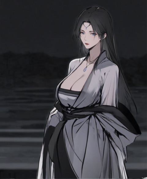  solo,highly detailed,(best quality),((masterpiece)),1girl,black hair,simple_background,long hair,peiyuhan,cleavage,white cloth,hanfu,necklace,see-through,ggbh,looking_at_viewer,black_background,no neck,