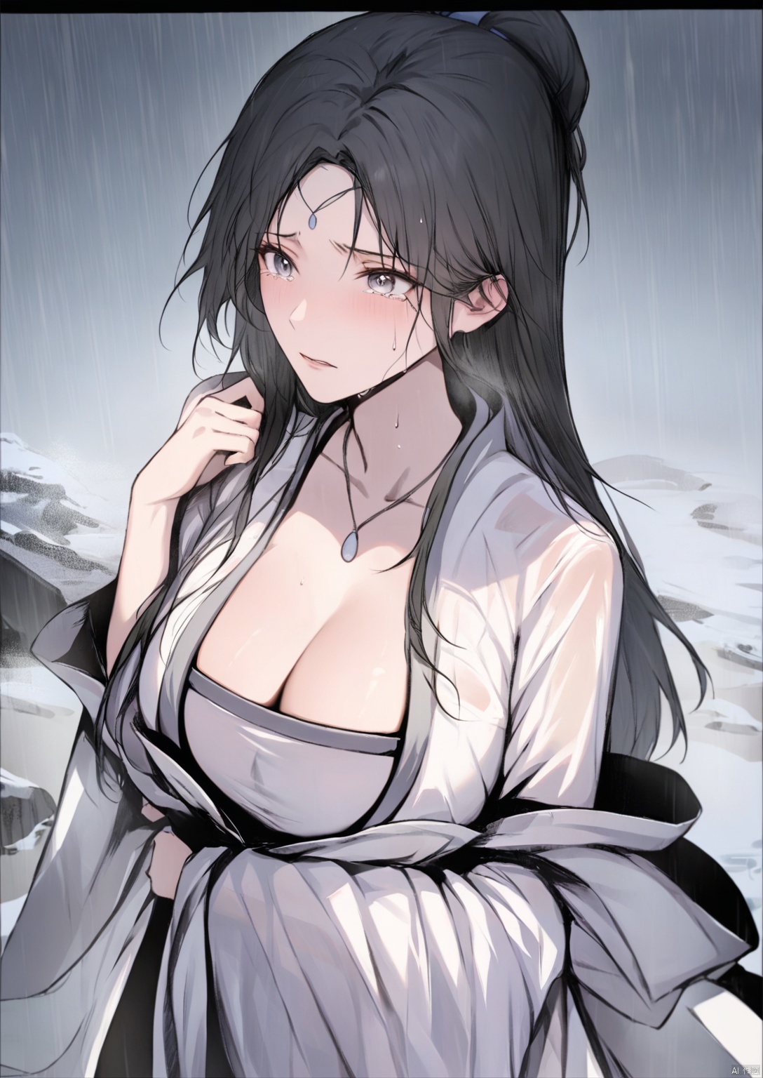  solo,highly detailed,(best quality),((masterpiece)),1girl,black hair,simple_background,long hair,peiyuhan,cleavage,white cloth,hanfu,necklace,see-through,rain,snow,background,crying_with_eyes_open,despair,wet_clothes,