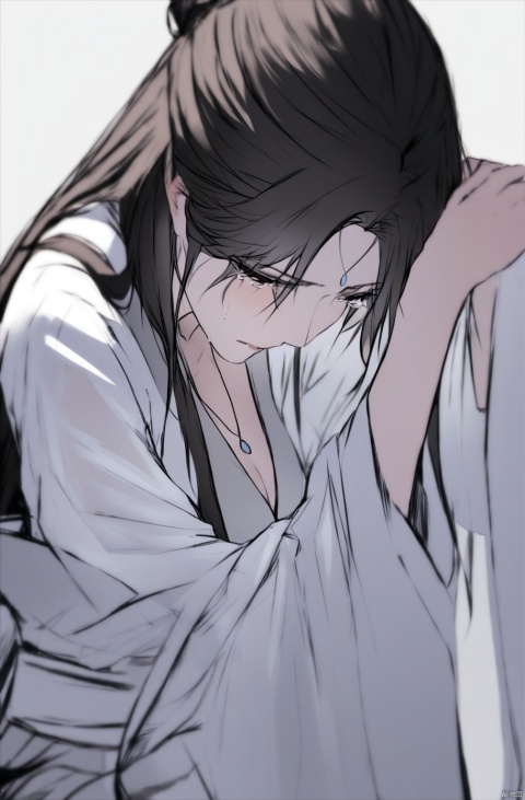  solo,highly detailed,(best quality),((masterpiece)),1girl,black hair,simple_background,long hair,peiyuhan,white cloth,hanfu,necklace,see-through,black_background,looking_at_viewer,full_body,blank stare,crying_with_eyes_open,crying,tears,sitting_down,updo,from below,head down,