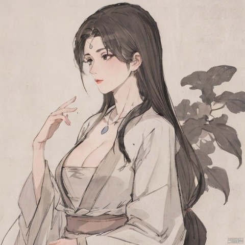 highly detailed,(best quality),((masterpiece)),1girl,black hair,simple_background,long hair,hanfu, peiyuhan,cleavage,necklace, shuimobysim,moxin,