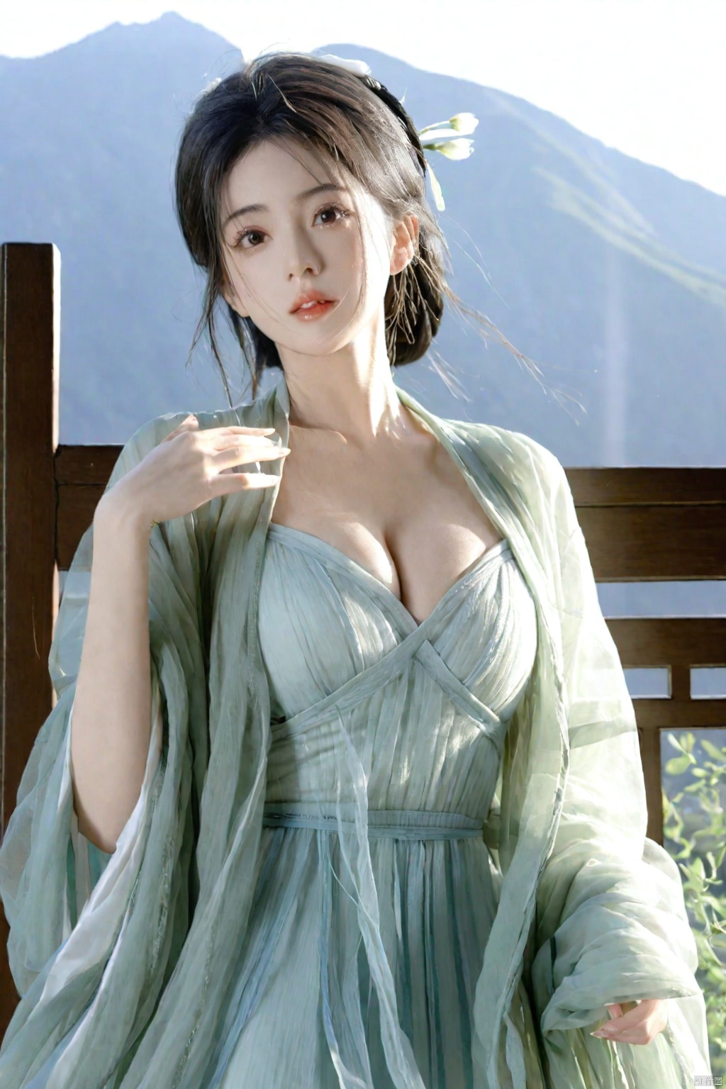 solo,highly detailed,(best quality),((masterpiece)),1girl,black hair,short hair,hanfu,see-through,looking_at_viewer,from below,upper body,mountain,huge_breasts,arms behind back,cleavage,black clothes,