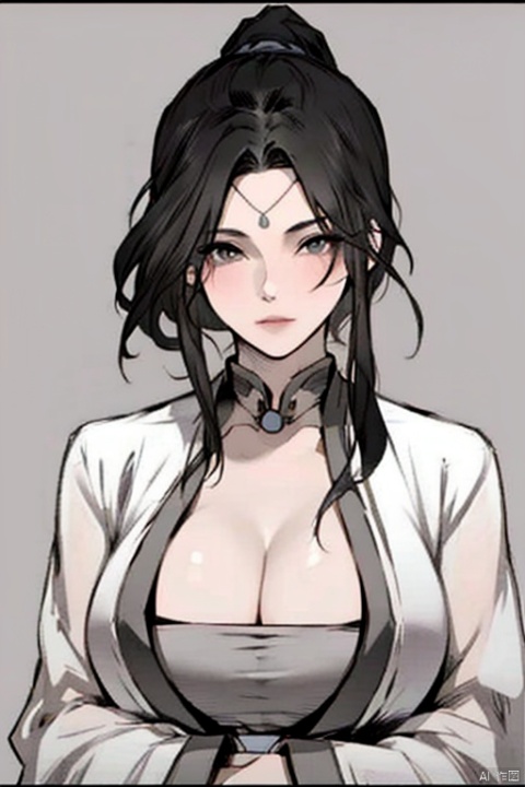  solo, highly detailed, cinematic highlight hair, (best quality), ((masterpiece)),1girl, black hair,black eyes, simple_background,  ponytail,looking at viewer, hanfu,pov,hair stick ,big_breasts,simple_background,see_through, 1girl, peiyuhan,cleavage