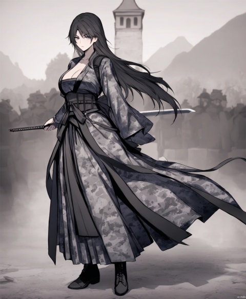  solo,highly detailed,(best quality),((masterpiece)),1girl,black hair,long hair,peiyuhan,hanfu,ggbh,looking_at_viewer,trench coat,military uniform,paradis military uniform,army,black clothes,mask,combat boots,world war i,arms behind back,armor,shockwave,camouflage,plate carrier,bayonet,plate carrier,digital camouflage,Wielding sword,sword,