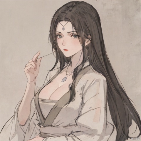 highly detailed,(best quality),((masterpiece)),1girl,black hair,simple_background,long hair,hanfu, peiyuhan,cleavage,necklace, shuimobysim,moxin,