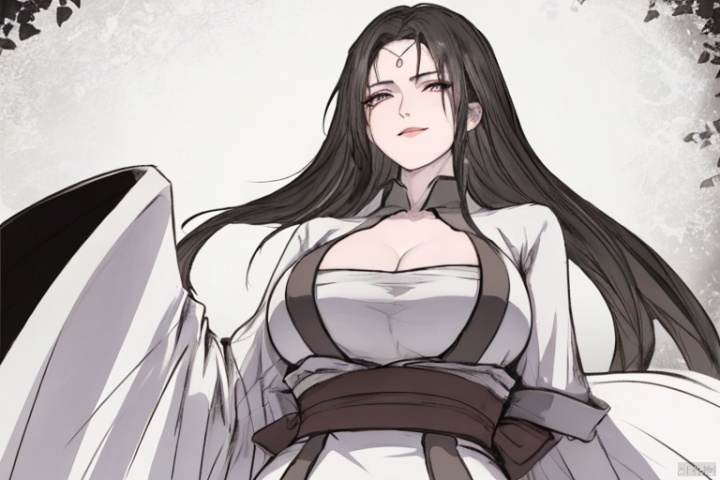  solo,highly detailed,(best quality),((masterpiece)),1girl,black hair,simple_background,long hair,big_breasts,peiyuhan,cleavage,white cloth,hanfu,(evil smile),upper_body,taunting,scornful,haughty,(evil),(from below),(arms behind back),hanfu,evil laugh,((see through)),nsfw, Ink scattering_Chinese style,areolae,