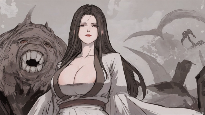  ((solo)),highly detailed,(best quality),((masterpiece)),1girl,black hair,simple_background,long hair,big_breasts,peiyuhan,cleavage,white cloth,hanfu,(evil smile),taunting,scornful,haughty,(evil),(from below),(arms behind back),devil,hanfu,devil,satan,lucifer,degenerate,daimon,lipstick,evil laugh,demented,cthulhu,perspective,((see through)),nsfw,scowl,upper body,despair,areolae,bouncing breasts,tongue out,