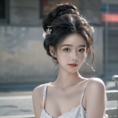  solo, highly detailed, cinematic highlight hair, (best quality), ((masterpiece)),1girl, black hair,updo, black eyes, realistic,big_breast, simple_background,