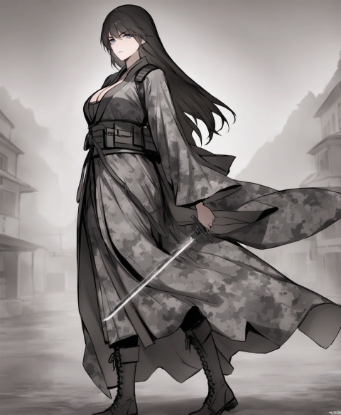  solo,highly detailed,(best quality),((masterpiece)),1girl,black hair,long hair,peiyuhan,hanfu,ggbh,looking_at_viewer,trench coat,military uniform,paradis military uniform,army,black clothes,mask,combat boots,world war i,arms behind back,armor,shockwave,camouflage,plate carrier,bayonet,plate carrier,digital camouflage,Wielding sword,sword,
