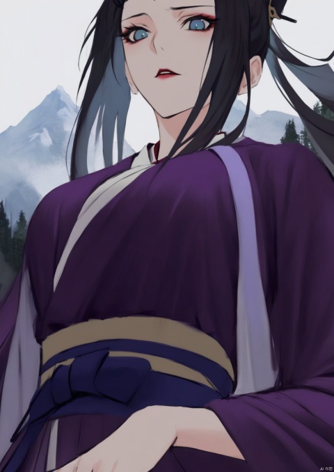  solo,highly detailed,(best quality),((masterpiece)),1girl,black hair,blue eyes,long hair,peiyuhan,hanfu,see-through,ggbh,looking_at_viewer,evil,from below,mountain,forest,upper body, zhangshiyao,bangs pinned back,hair bun,purple clothes,