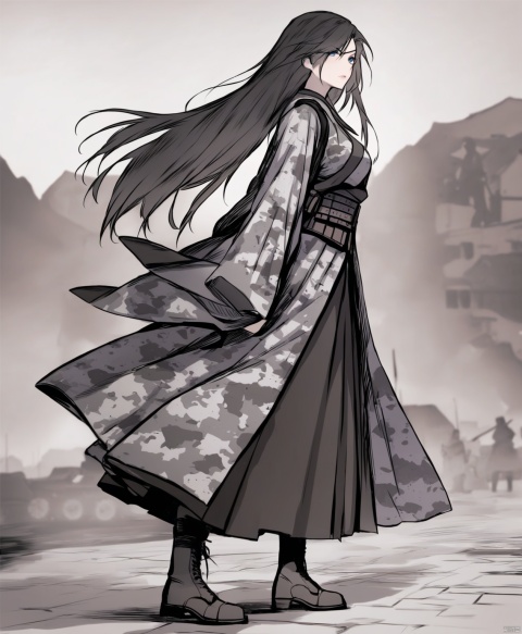  solo,highly detailed,(best quality),((masterpiece)),1girl,black hair,long hair,peiyuhan,hanfu,ggbh,looking_at_viewer,trench coat,military uniform,paradis military uniform,army,black clothes,mask,combat boots,world war i,arms behind back,armor,shockwave,camouflage,plate carrier,bayonet,plate carrier,