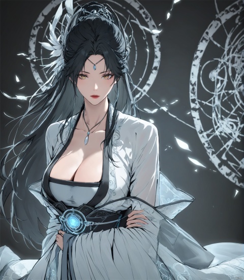  solo,highly detailed,(best quality),((masterpiece)),1girl,black hair,simple_background,long hair,peiyuhan,cleavage,white clothes,hanfu,necklace,see-through,looking_at_viewer,black_background,portrait,ggbh,,magic circle,magic array,magic circles,machine_rob,arms behind back,((field of blades)),
