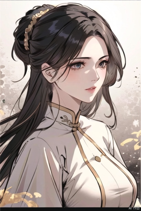  solo, highly detailed, cinematic highlight hair, (best quality), ((masterpiece)),1girl, black hair,simple_background, long hair, ((portrait)),big_breasts,gold clothes, ning, (\shen ming shao nv\),updo, peiyuhan