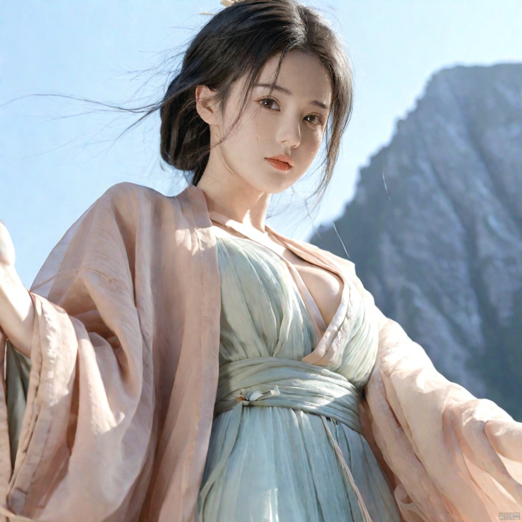  solo,highly detailed,(best quality),((masterpiece)),1girl,black hair,short hair,hanfu,see-through,looking_at_viewer,from below,upper body,mountain,big_breasts,