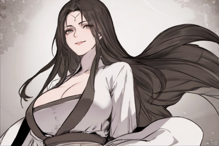  solo,highly detailed,(best quality),((masterpiece)),1girl,black hair,simple_background,long hair,big_breasts,peiyuhan,cleavage,white cloth,hanfu,(evil smile),upper_body,taunting,scornful,haughty,(evil),(from below),(arms behind back),hanfu,evil laugh,((see through)),nsfw, Ink scattering_Chinese style,
