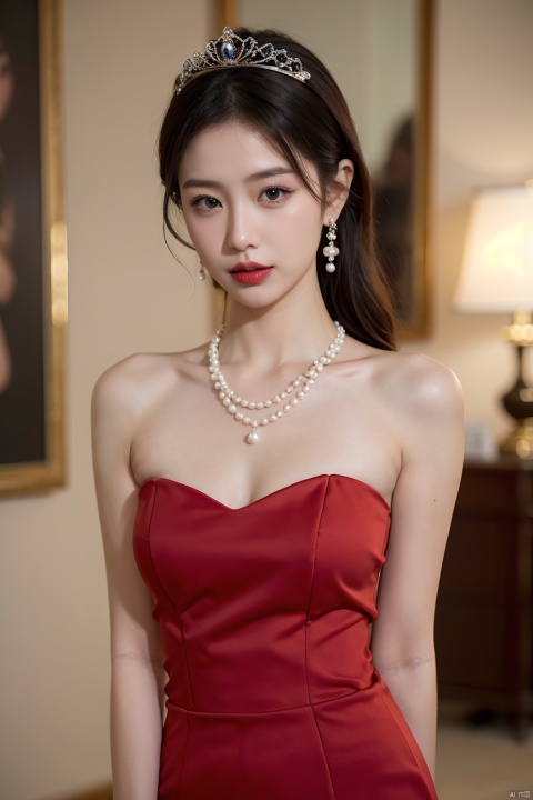 1girl,qianjin,(8k, RAW photo, best quality, masterpiece:1.3),(realistic,photo-realistic:1.37),(looking at viewer:1.331),soft light,extremely beautiful face,Random hairstyle,Random expression,big eyes,an extremely delicate and beautiful girl,depth of field,blurry background,blurry foreground,delicate,beautiful,beautiful face,beautiful eyes,beautiful girl,delicate face,delicate girl,8k wallpaper,(best quality:1.12),(detailed:1.12),(intricate:1.12),(ultra-detailed:1.12),(highres:1.12),hyper detailed,ultra-detailed,high resolution illustration,colorful,8k wallpaper,highres,Cinematic light,ray tracing,(8k, RAW photo, best quality, masterpiece, ultra highres, ultra detailed:1.2),(realistic, photo-realistic:),formal_dress,red dress,cowboy_shot,jewelry,earrings,necklace,dress,long hair,breasts,cleavage,blurry,bare shoulders,parted lips,black dress,red lips,black hair,pearl necklace,looking at viewer,blurry background,strapless dress,strapless,lips,tiara,medium breasts,upper body,lipstick,indoors,makeup,depth offield,gloves,realistic,, qianjin,yellow_footwear,high_heels,pencil_skirt,police,high heels