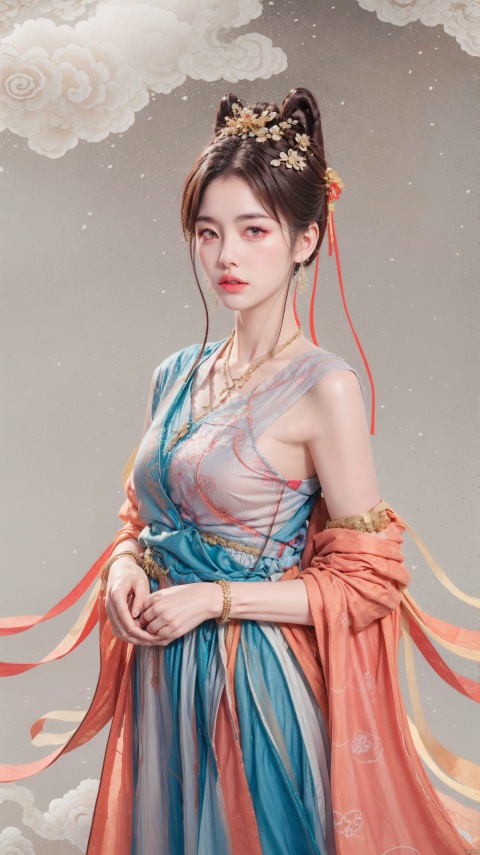  masterpiece, best quality, realistic, Highly detailed, (simple background),yue,1girl, solo, hair ornament, dress, jewelry, necklace, hair bun, bracelet, hanfu,brown hair, black hair, hair ornament, dress, jewelry, (upper body), necklace, hair bun, bracelet, chinese clothes,cloud background,flower background