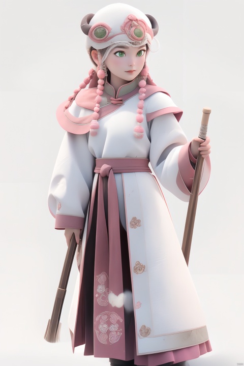  Best quality, masterpiece,raw photo,(delicate features),1 pink sheep girl , light green eyes,full body,standing,boliokj,blood stone in background, Broom in hand,( white background:1.5), full body, 3DMMD, mongolian_style,hair ornament, (duoshijiao: 1.2),full body