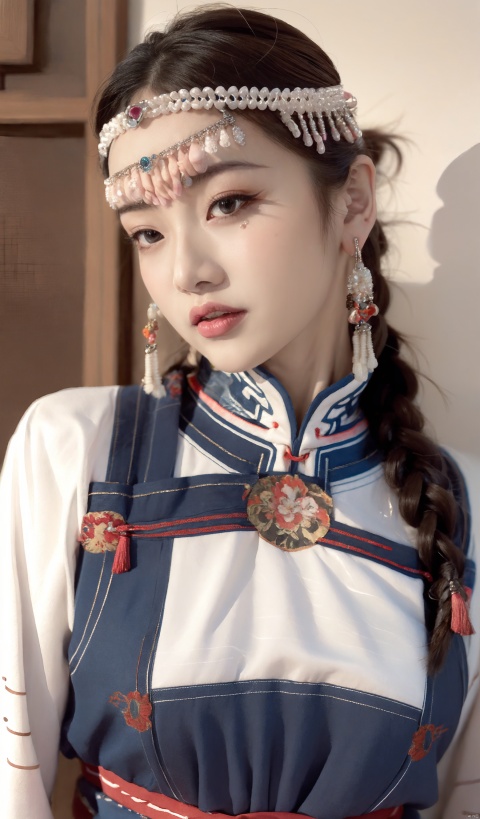  High definition image quality, ultra high details, solo_older_female,sweet,strong,watercolor,see through clothes,cropped_head,mongolian_style, hair ornament,