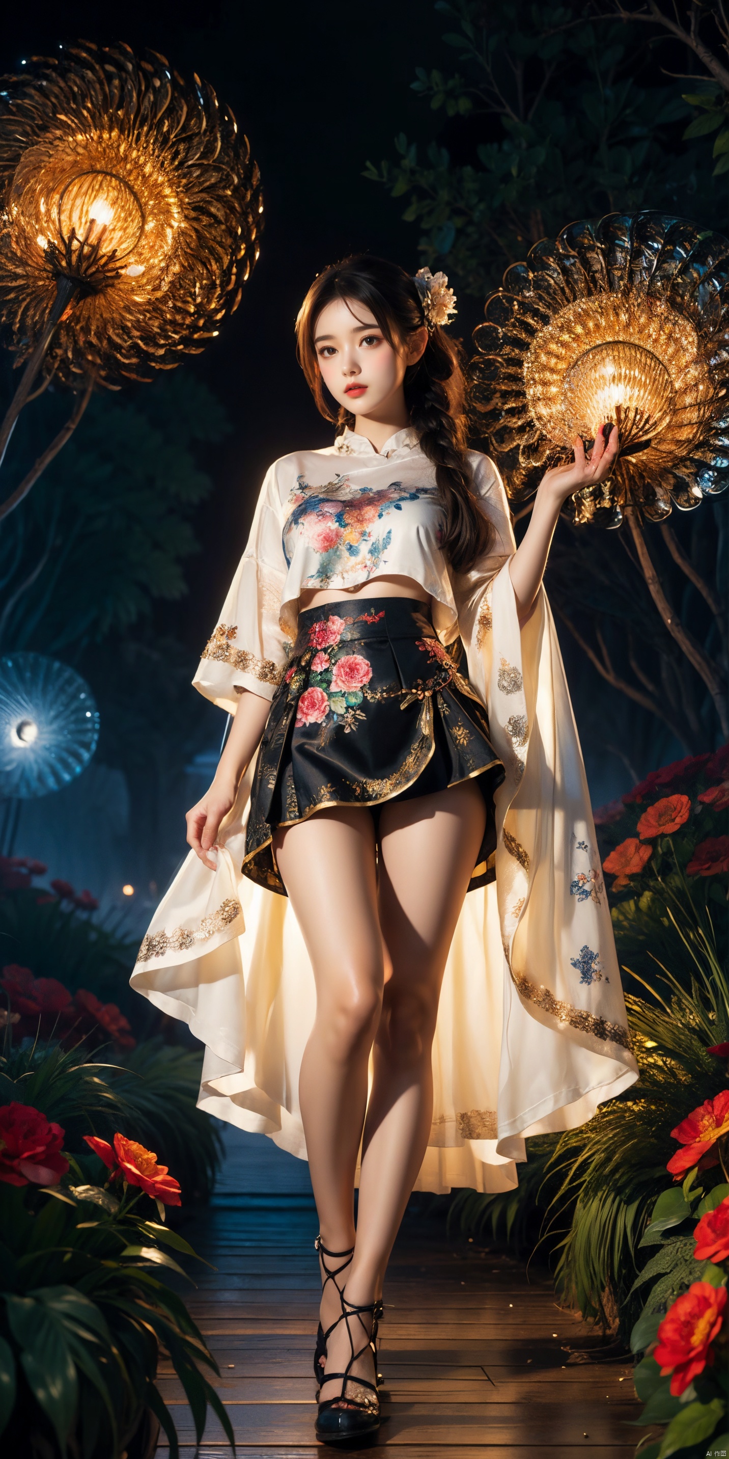  (Masterpiece, Top Quality, Best Quality, Official Art, Beauty and Aesthetics: 1.2), (1 Girl), Full Body Photo, Extreme Detail, (Fractal Art: 1.3), Colorful, Flowers, Highest Detail, Glow, Skirt, Shirt, Thighs, zycpp,