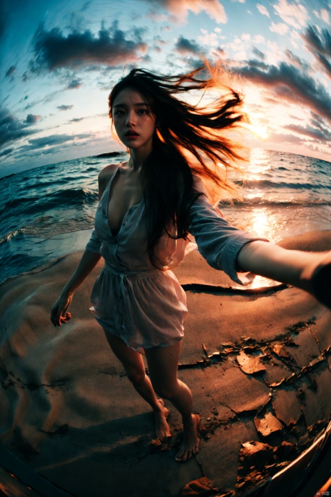  1girl, fisheye, selfie, full body, wind, messy hair, sunset, beach, (aesthetics and atmosphere:1.2),behisheroine
