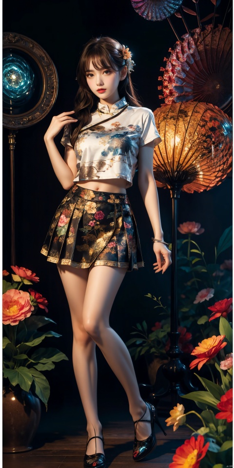  (Masterpiece, Top Quality, Best Quality, Official Art, Beauty and Aesthetics: 1.2), (1 Girl), Full Body Photo, Extreme Detail, (Fractal Art: 1.3), Colorful, Flowers, Highest Detail, Glow, Skirt, Shirt, Thighs, zycpp,