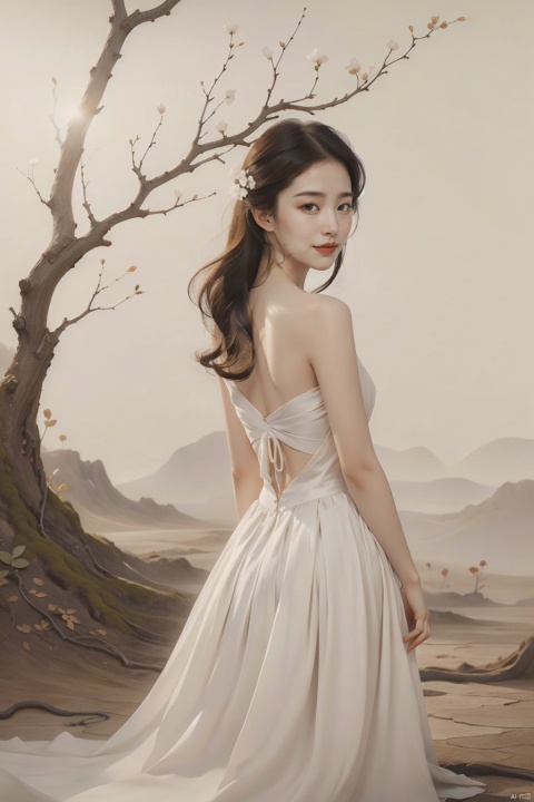  1girl,,This picture depicts a surrealistic image of a woman blending with natural elements. A woman stands in a desolate scene,her back and hair gradually turning into branches and twigs of a tree. A few flowers bloomed on the branch,as if she were a tree growing flowers. She was wearing a flowing white long skirt,with the hem spread out on the ground,interweaving with the lines of the tree roots. This woman's posture is sideways facing backwards,facing the mist in the distance,as if she is gazing or contemplating. The color contrast,light and shadow processing,and theme conception in this picture are all very captivating,creating a feeling of combining fantasy and reality. Overall,images convey an artistic concept that combines natural and human forms,full of symbolic meaning and inner emotional expression.,smile, monkren, liuyifei