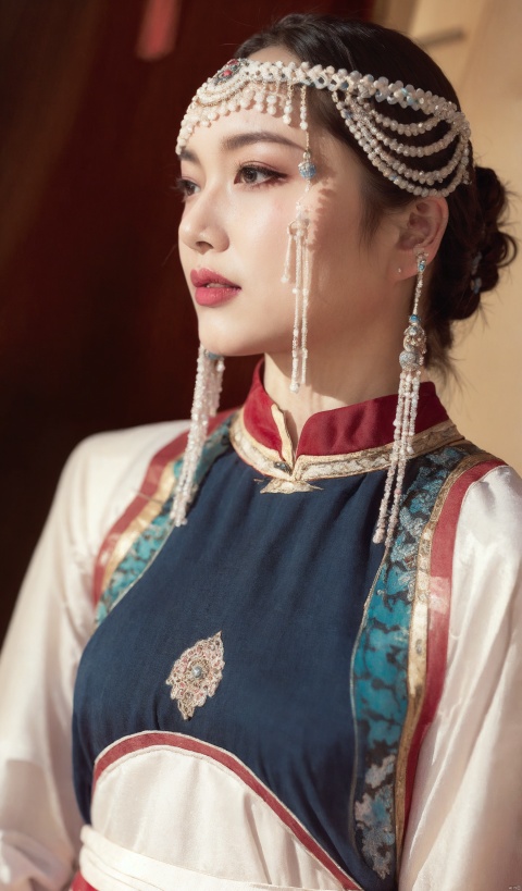 High definition image quality, ultra high details, solo_older_female,sweet,strong,watercolor,see through clothes,cropped_head,mongolian_style, hair ornament,