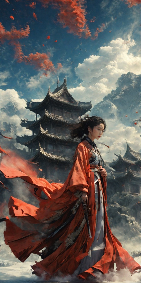  ((((Dream Background)))).
Floating in the air, forests, palaces,jianjue,wanjianguizong,16k,masterpiece,textured skin,multiple swords,embellished costume,Award winning photos, extremely detailed, stunning, intricate details, absurd, highly detailed woman, extremely detailed eyes and face, dazzling red eyes, detailed clothing,ultra long sleeves,dingxianghua,QMSJ,candy-coated,in the style of saturated pigment