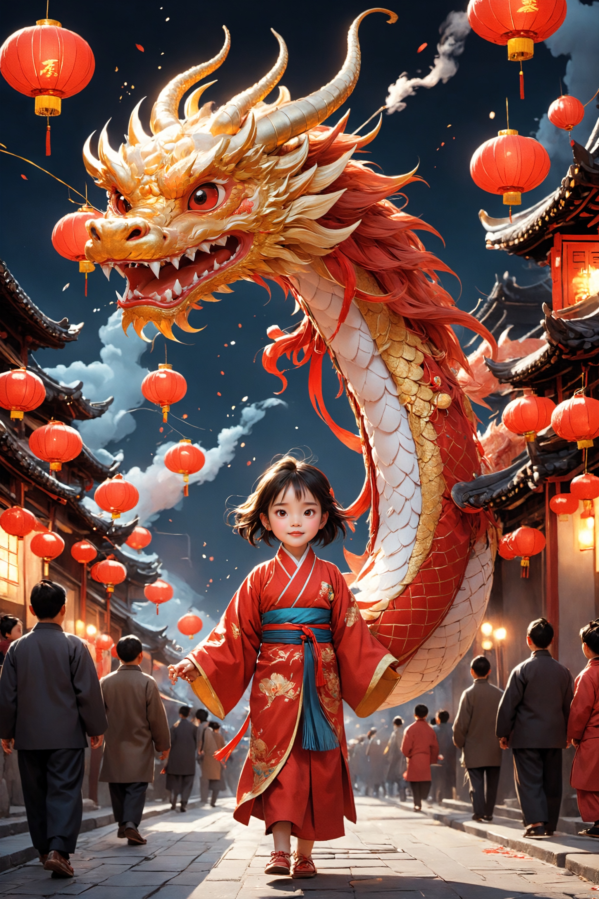  Master works, high-definition art illustrations, excellent quality, New Year&#039;s Eve, fireworks in the night sky, a little girl, a Chinese fu long, only one dragon head, face the audience, the little girl carrying Red Lanterns, lively streets, the celebration was amazing, BJ_Sacred_beast_Illustration