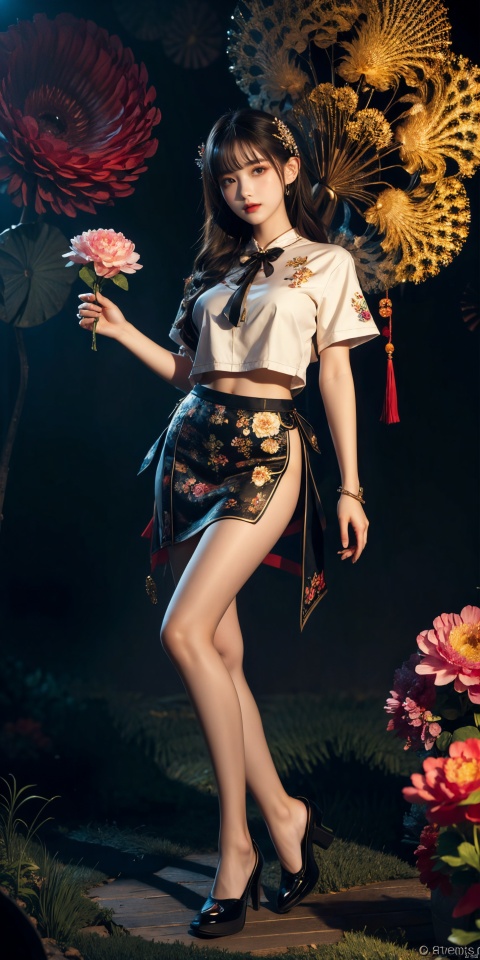  (Masterpiece, Top Quality, Best Quality, Official Art, Beauty and Aesthetics: 1.2), (1 Girl), Full Body Photo, Extreme Detail, (Fractal Art: 1.3), Colorful, Flowers, Highest Detail, Glow, Skirt, Shirt, Thighs, zycpp,