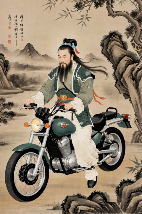  (traditionalchineseinkpainting:1.3),(motorcycle:1.3),A portrait of Guan Yu riding a motorcycle,Holding a large knife in hand,masterpiece,best quality,highly detailed,Amazing,finely detail,(Smoking a cigarette in your mouth),