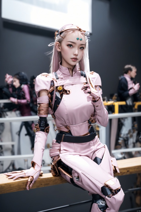  Cockpit interior,Delicate-looking female robot sitting on railing, silver-gray long hair, close-up of face, pink blush, lightning badge on chest, extra-long belt, creating a futuristic urban street scene, 1 girl, mecha girl,Chromium, Metal handmade,（Copper wire：1.2）,Transistor, disc, digital display, mongolian_style,hair ornament