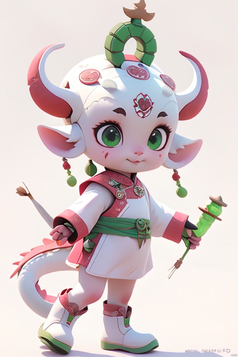  Best quality, masterpiece,raw photo,(delicate features),1 pink sheep girl , light green eyes,full body,standing,boliokj,blood stone, Stone with red spots in hand,( white background:1.5), full body, 3DMMD, mongolian_style,hair ornament,Wearing small leather boots, Dragon Baby,Handmade,Cute, cute treasure,color,