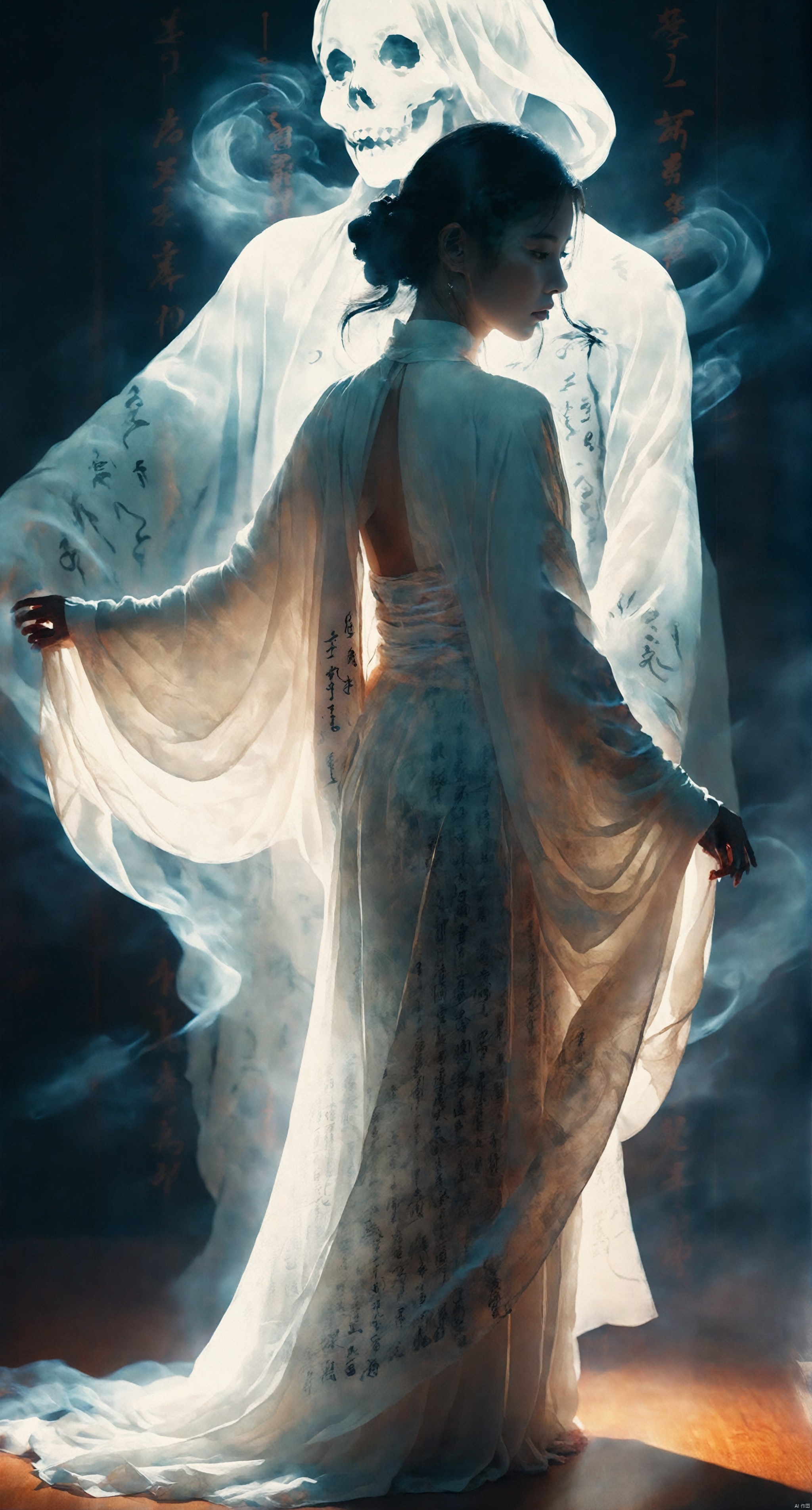  Double Exposure Style,Volumetric Lighting,a girl with Wrap top,arching her back,Traditional Attire,Artistic Calligraphy and Ink,light depth,dramatic atmospheric lighting,Volumetric Lighting,double image ghost effect,image combination,double exposure style,