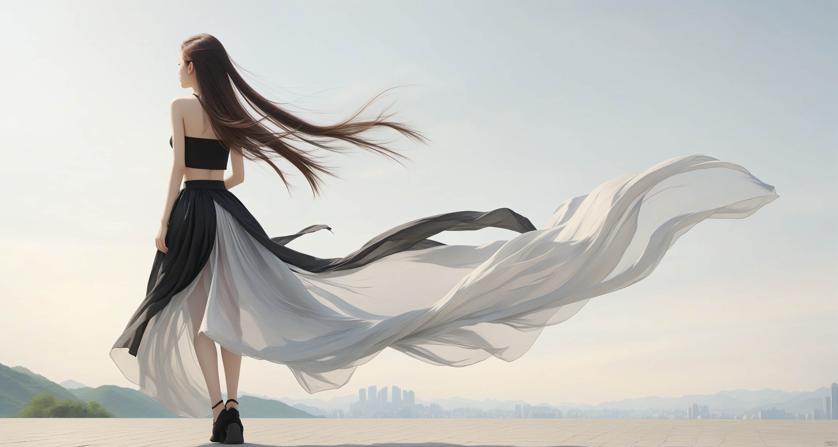  1gir, Back view, black skirt, sliver long hair with wind flow