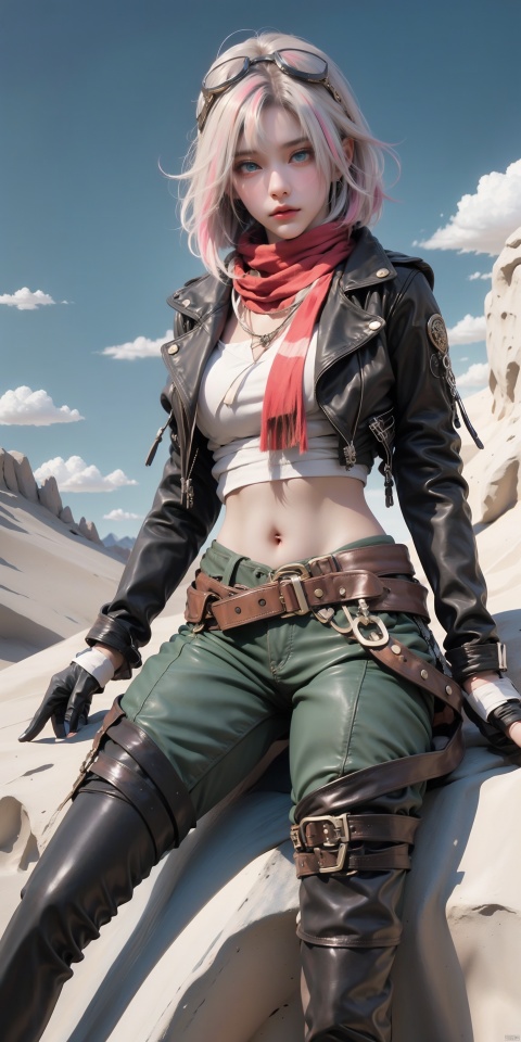  GY,1girl,leather,leather jacket,solo,scarf,multicolored hair,jacket,gloves,goggles,pink hair,looking at viewer,blue eyes,goggles on head,black jacket,streaked hair,fingerless gloves,short hair,black gloves,white hair,red hair,boots,thigh boots,belt,pants,jacket,green pants,ahoge,scarf,midriff,sky,outdoors,day,desert,cloud,scenery,sand,rock,tree,mountain,(sitting:1.3),, (raw photo:1.2),((photorealistic:1.4))best quality,masterpiece,illustration,an extremely delicate and beautiful,extremely detailed,CG,unity,8k wallpaper,Amazing,finely detail,masterpiece,best quality,official art,extremely detailed CG unity 8k wallpaper,absurdres,incredibly absurdres,huge filesize,ultra-detailed,highres,extremely detailed,beautiful detailed girl,cinematic lighting,1girl,pale skin,tall female,(perfect body shape),skinny body,Slender legs,