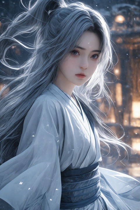  High detailed, masterpiece, Cowboy lens, A girl, solo, female focus:1.4, bangs, Medium chest, Gray hair: 1.4, long hair, White kimono, Hold a sword, Scabbard, Blue splash ink, Blue energy vortex, Blue light painting, fine gloss, Architecture, Ancient Chinese architecture, Night：1.3, Starry sky, Full moon, Film and television style, ray tracing, motion blur, Depth of field, sparkle, Surrealism, Conceptual art, reflection light, UHD, 8K, best quality, textured skin, 1080P, ccurate