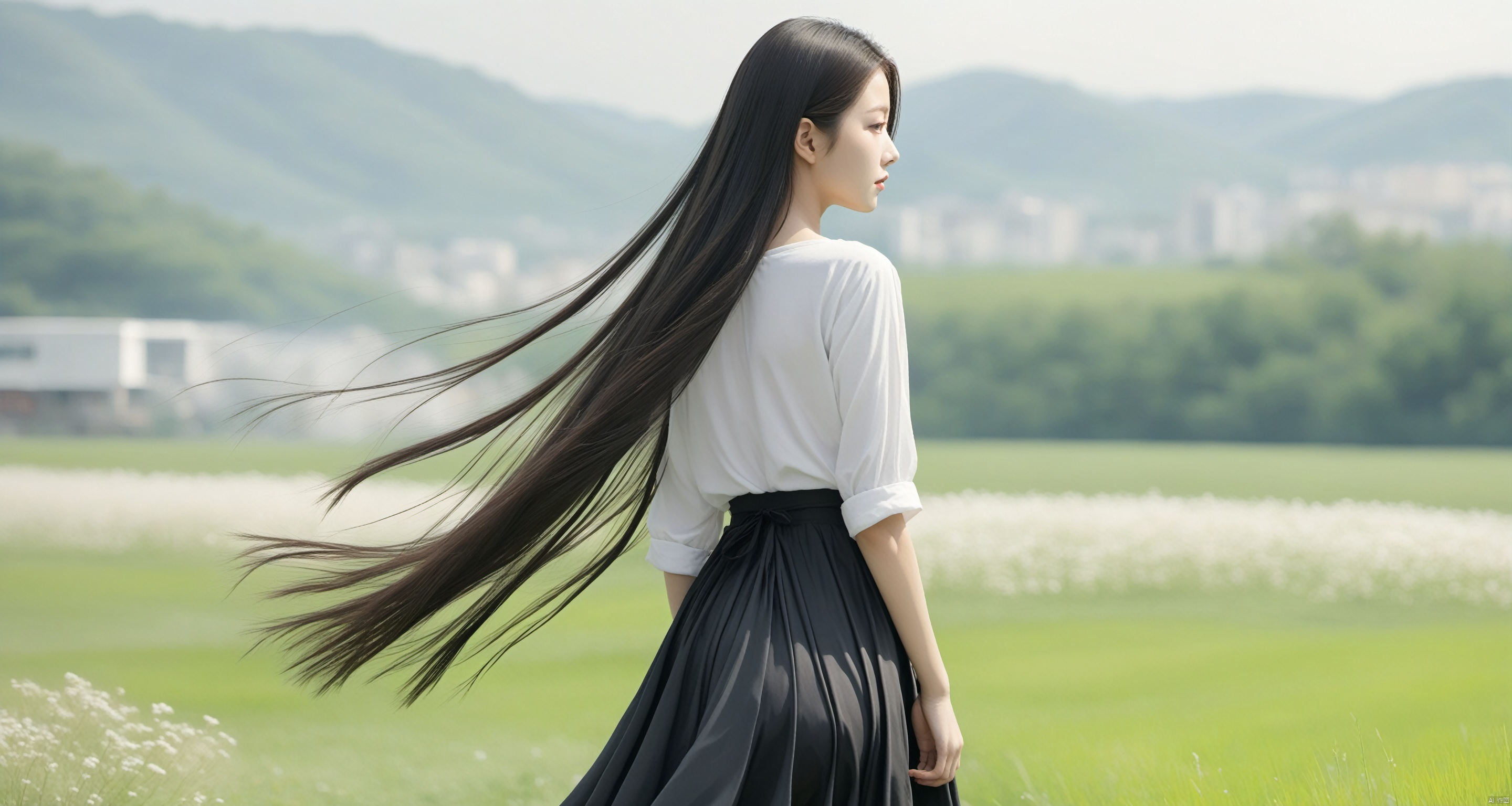  1gir, Back view, black skirt, sliver long hair with wind flow