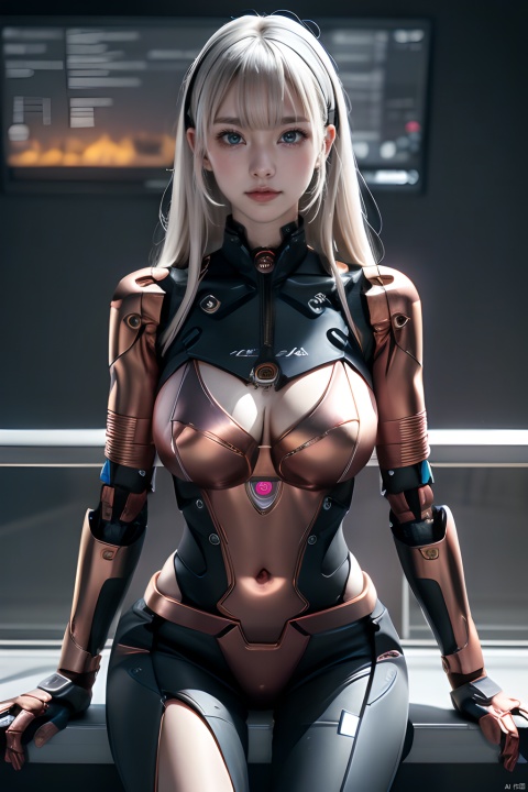  Cockpit interior,Delicate-looking female robot sitting on railing, silver-gray long hair, close-up of face, pink blush, lightning badge on chest, extra-long belt, creating a futuristic urban street scene, 1 girl, mecha girl,Chromium, Metal handmade,（Copper wire：1.2）,Transistor, disc, digital display